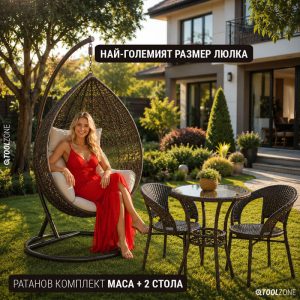 Луксозна Висяща Люлка Тип Гнездо + Ратанов Комплект Маса с 2 Стола - Градински Комплект за Релакс