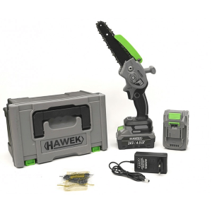 Акумулаторен верижен трион HAWEK | 24V 4Ah, 15 см шина АКУМУЛАТОРНИ ИНСТРУМЕНТИ Акумулаторен верижен трион HAWEK 24V 4Ah с 15 см шина и две батерии.