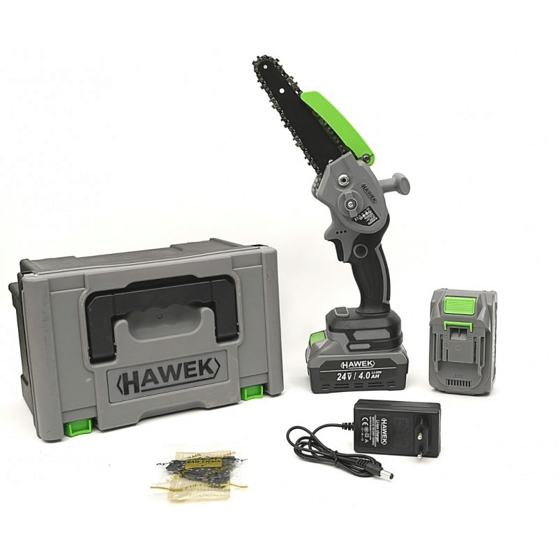 Акумулаторен верижен трион HAWEK | 24V 4Ah, 15 см шина АКУМУЛАТОРНИ ИНСТРУМЕНТИ Акумулаторен верижен трион HAWEK 24V 4Ah с 15 см шина и две батерии.