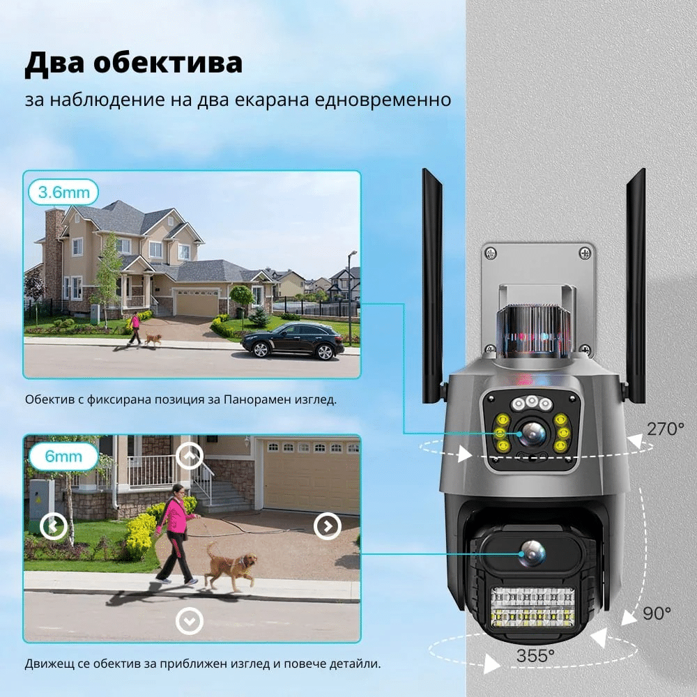 Външна WiFi камера 2×3MP, 2 бр. | Два обектива + AI, iCSee ВИДЕОНАБЛЮДЕНИЕ Външна WiFi камера 2×3MP, 2 бр. | Два обектива + AI, iCSee
