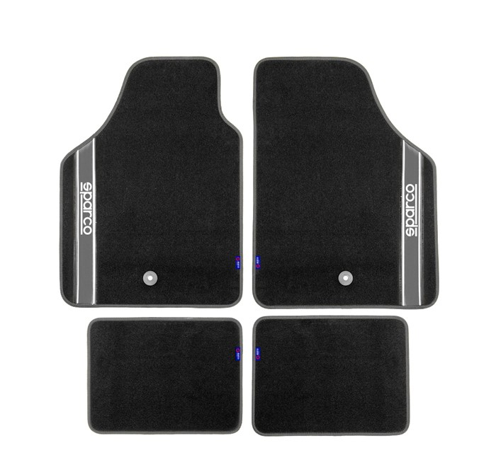 Мокетни стелки Sparco | 4 части, със сиво, лого SPARCO АВТО Комплект мокетни стелки Sparco 4 части със сиво и лого SPARCO.