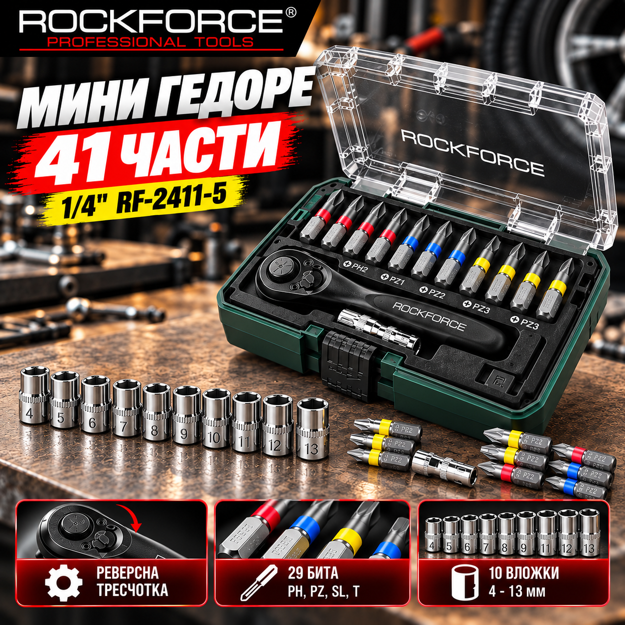 Мини гедоре 41 части, 1/4″, RockForce RF-2411-5 ГЕДОРЕТА Мини гедоре ROCKFORCE 41 части в кутия