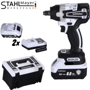 Акумулаторен гайковерт-винтоверт STAHLMAYER | 36V 8Ah АКУМУЛАТОРНИ ГАЙКОВЕРТИ Акумулаторен гайковерт-винтоверт STAHLMAYER 36V 8Ah с LED светлина, показан отпред.