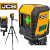 Лазерен нивелир JCB CLL-G със зелен лъч, монтиран на тринога стойка, проектиращ хоризонтална линия.