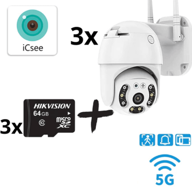 IP въртяща камера Privine 5MPX, 3 бр. | iCSee + SD карта 64GB ВИДЕОНАБЛЮДЕНИЕ Комплект 3 броя въртящи безжични камери Privine 5MPX с двойни антени и SD карти 64GB.
