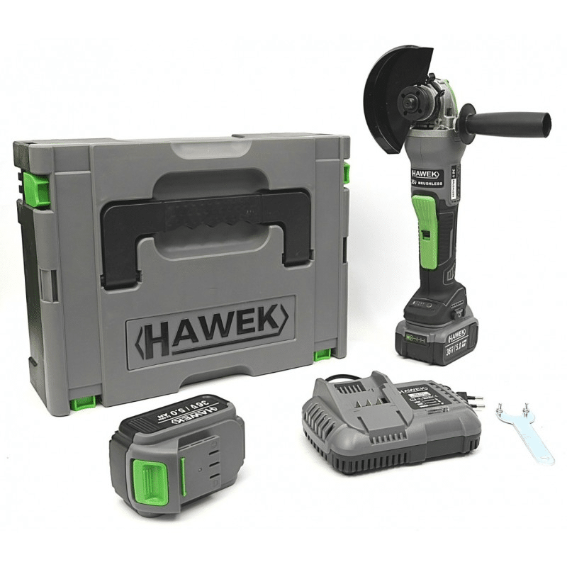 Акумулаторен ъглошлайф HAWEK | 36V 5Ah, безчетков АКУМУЛАТОРНИ ИНСТРУМЕНТИ Акумулаторен безчетков ъглошлайф HAWEK 36V 5Ah с две батерии и куфар.
