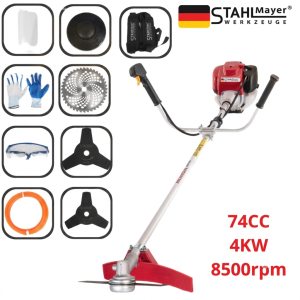 Четиритактов тример STAHLMAYER PRO 74cc | 4kW, 7000 об/мин ГРАДИНСКИ АРТИКУЛИ Четиритактов бензинов тример STAHLMAYER PRO 74cc с метален нож и кордова глава.