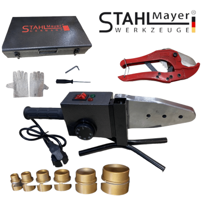 Лепачка за ППР тръби StahlMayer | 2500W, 20-63 мм, 50-300°C АВТО Комплект за запояване на полипропиленови тръби с лепачка, стойка и ръкавици.