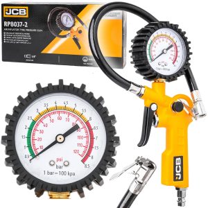 Пневматичен пистолет JCB | За гуми, манометър 0-18.5 bar АВТО Пневматичен пистолет JCB за гуми с манометър и гъвкав маркуч 37 см.