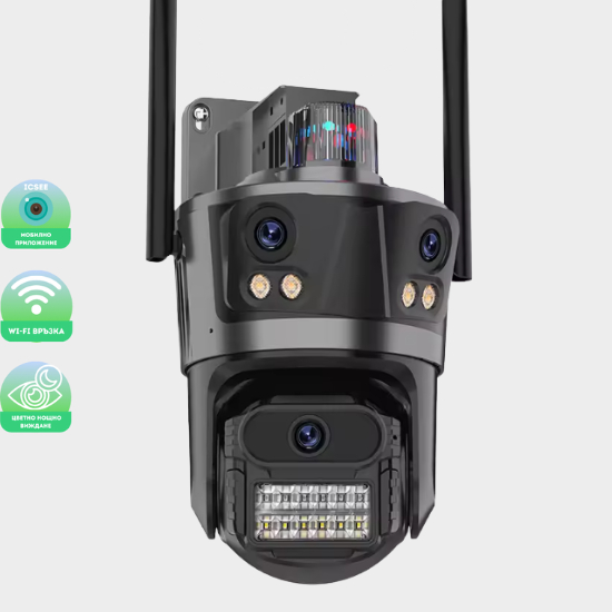 Тройна WiFi камера P12 36MP | 3×12MP + 8× зум, ICSee ВИДЕОНАБЛЮДЕНИЕ Тройна външна WiFi камера P12 36MP с три обектива и PTZ управление.