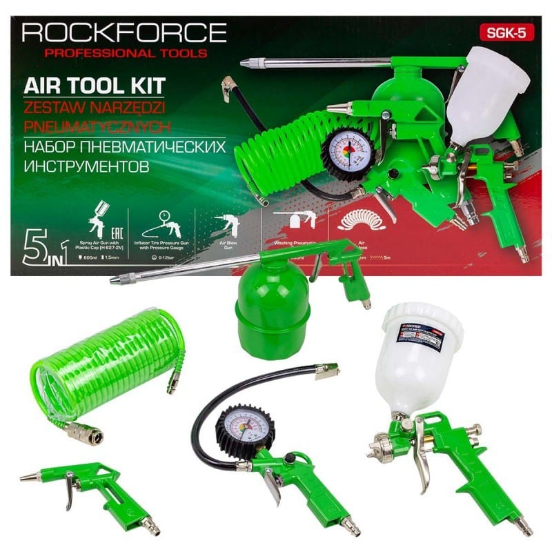 Комплект пневматични инструменти ROCKFORCE | 5 чaсти АВТО Комплект пневматични инструменти ROCKFORCE 5 части с маркуч 5 м.