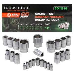 Комплект вложки 25 части ROCKFORCE | 1/4″ и 1/2″ (4-32mm) АВТОСЕРВИЗНО ОБОРУДВАНЕ Комплект вложки ROCKFORCE 25 части в организиран калъф