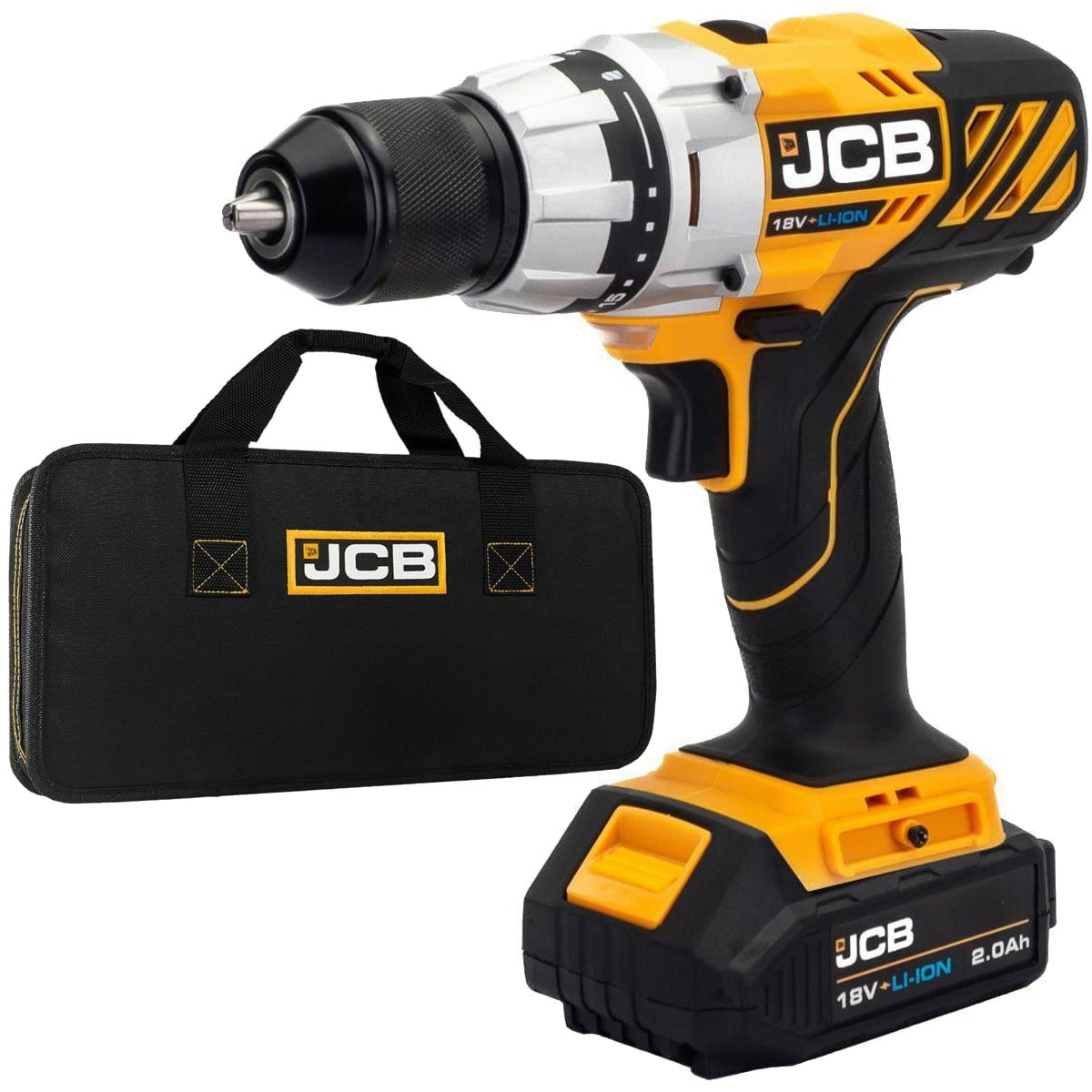 Акумулаторен винтоверт JCB 18V | 45 Nm, 2 скорости АКУМУЛАТОРНИ ИНСТРУМЕНТИ Акумулаторен винтоверт JCB 18V с патронник 2-13 мм, показан отпред.