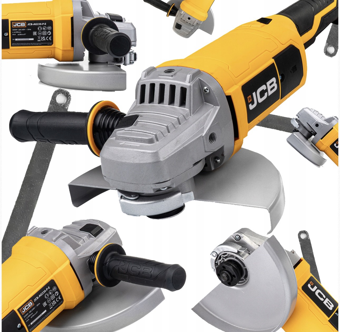 Електрически ъглошлайф JCB | 2350W, 230 мм, 6500 об/мин ЕЛЕКТРИЧЕСКИ ИНСТРУМЕНТИ Електрически ъглошлайф JCB 2350W с диск 230 мм, показан отпред.