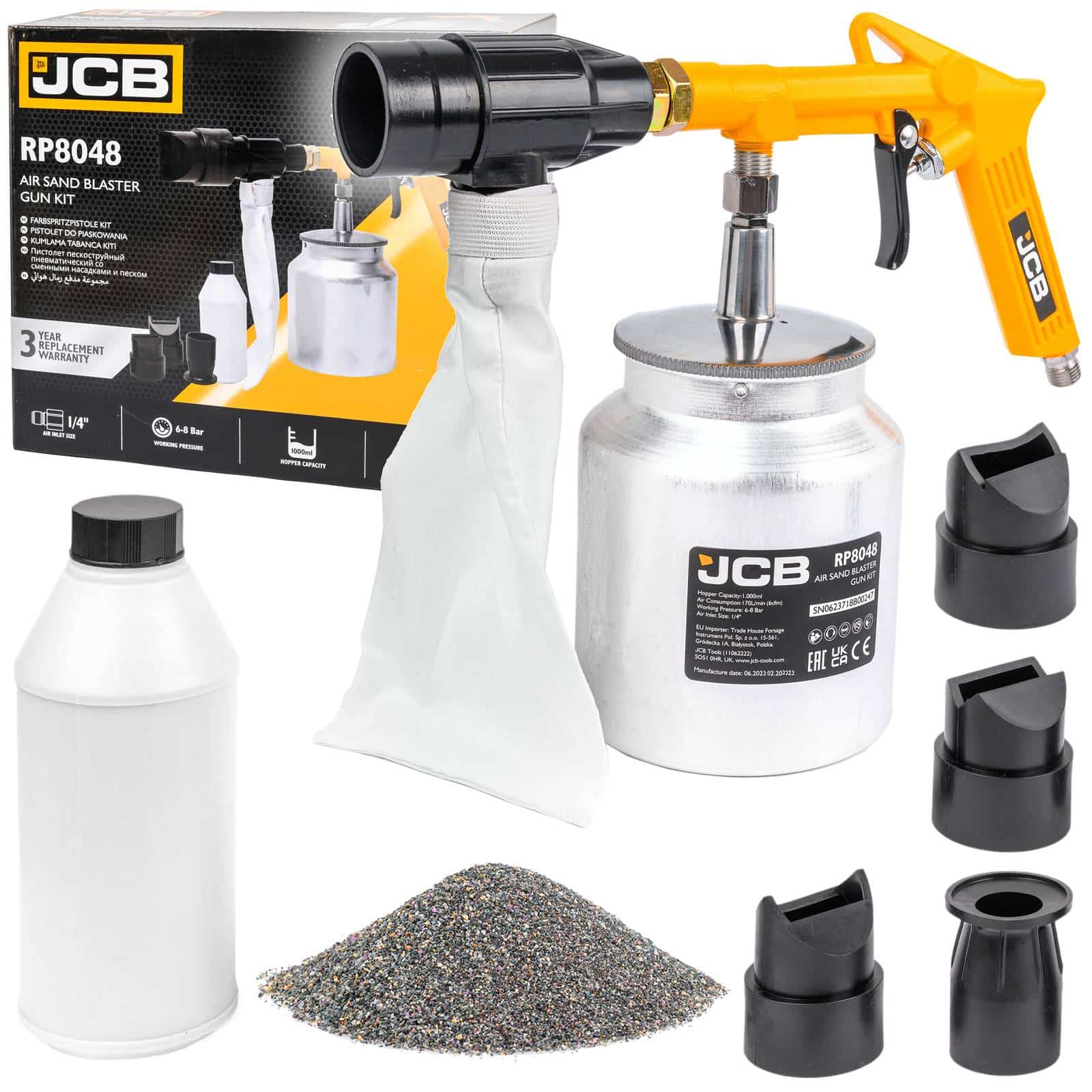 Пясъкоструен пистолет JCB | 1 л, 4 дюзи, 6-8 bar, 70 л/мин АВТО Пневматичен пясъкоструен пистолет JCB с резервоар 1 л и 4 дюзи.