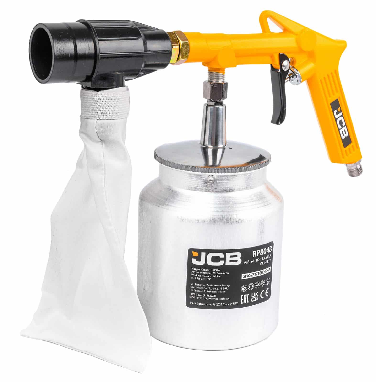 Пясъкоструен пистолет JCB | 1 л, 4 дюзи, 6-8 bar, 70 л/мин АВТО Пясъкоструен пистолет JCB | 1 л, 4 дюзи, 6-8 bar, 70 л/мин