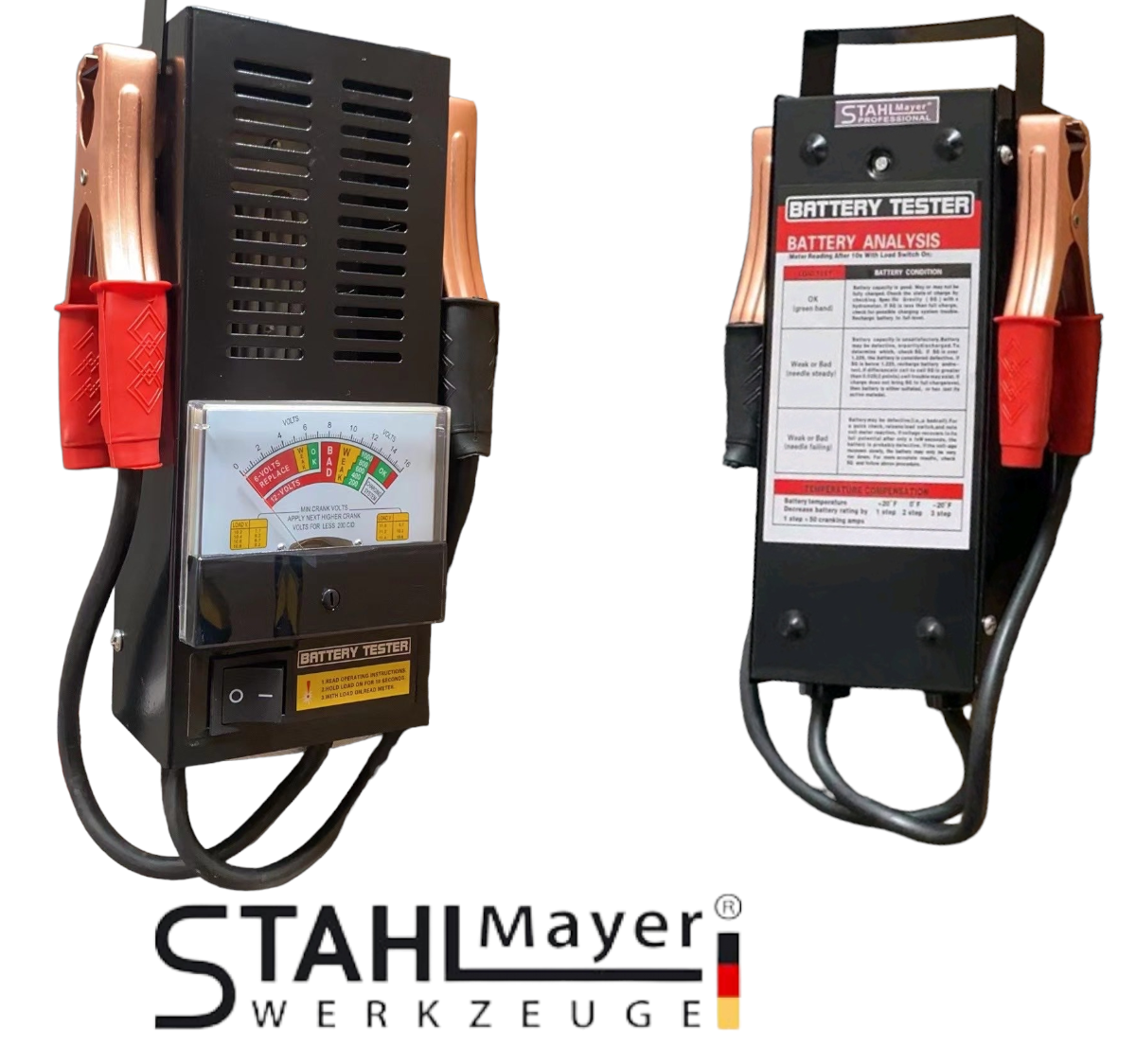 Тестер за акумулатори STAHLMAYER | 6/12V, 100A АВТО Товарна вилка STAHLMAYER за тестване на акумулатори 6/12V, 100A, с аналогов уред.