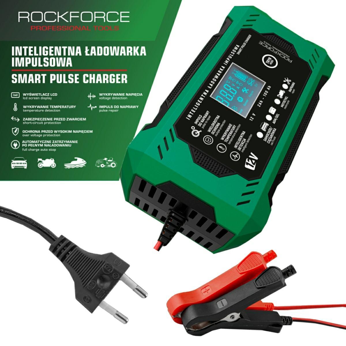 Зарядно ROCKFORCE | 6A, 12V, 2-100Ah, LCD дисплей АВТО Зарядно ROCKFORCE | 6A, 12V, 2-100Ah, LCD дисплей