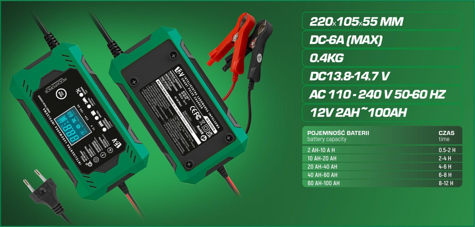 Зарядно ROCKFORCE | 6A, 12V, 2-100Ah, LCD дисплей АВТО Зарядно ROCKFORCE | 6A, 12V, 2-100Ah, LCD дисплей