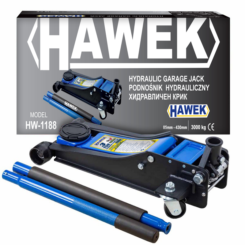 Нископрофилен крик 3 тона HAWEK HW-1188 | 85-430 мм АВТО Нископрофилен крик HAWEK 3 тона с две помпи