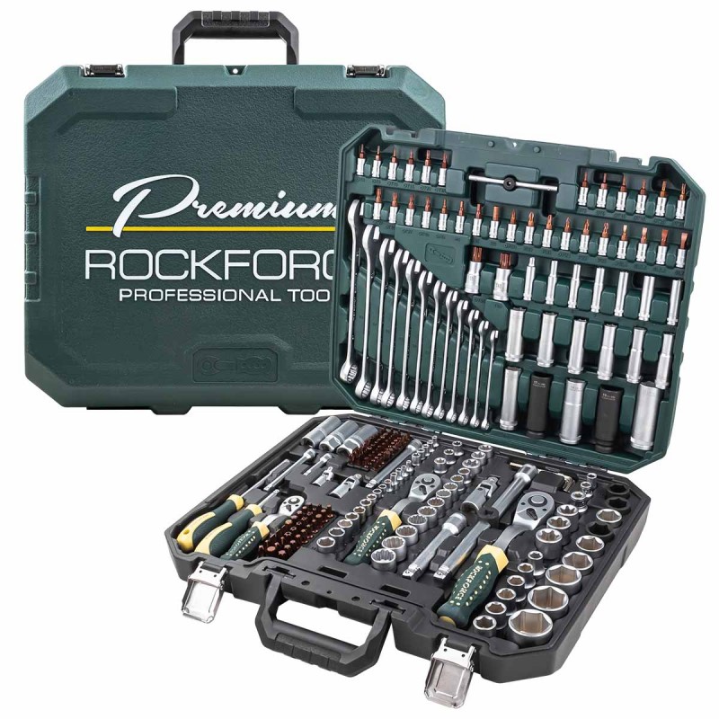 ROCKFORCE Premium 216 части | 1/4″,3/8″,1/2″ АВТО ROCKFORCE Premium комплект 216 части с 1/4", 3/8" и 1/2" задвижване.