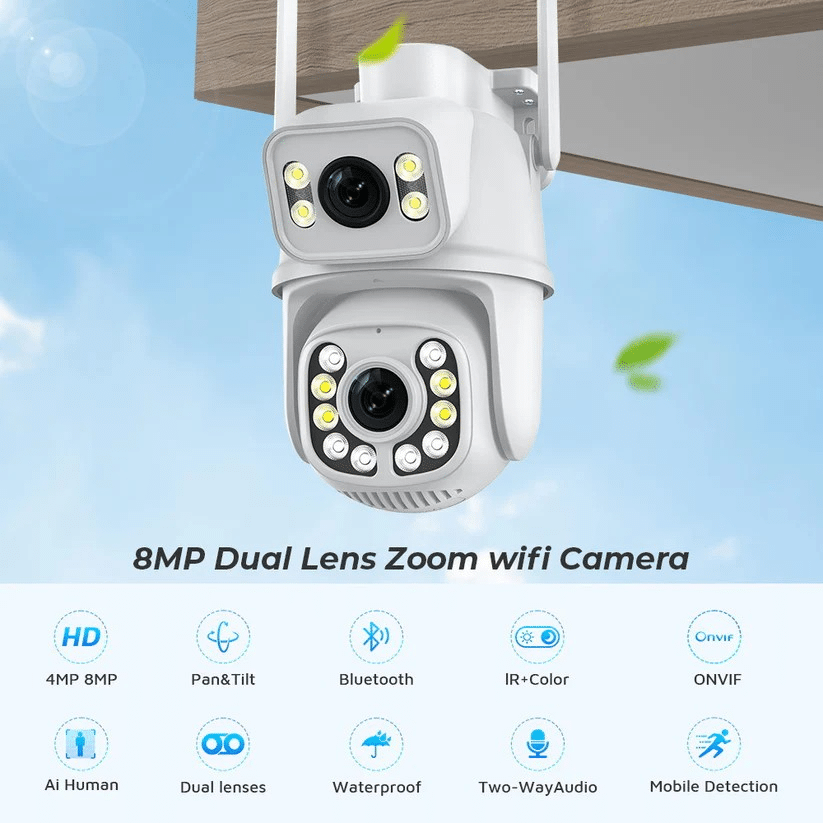 Двойна водоустойчива камера 2×6MP | 12MP + PTZ 270°, iCSee ВИДЕОНАБЛЮДЕНИЕ Двойна водоустойчива камера 2×6MP | 12MP + PTZ 270°, iCSee