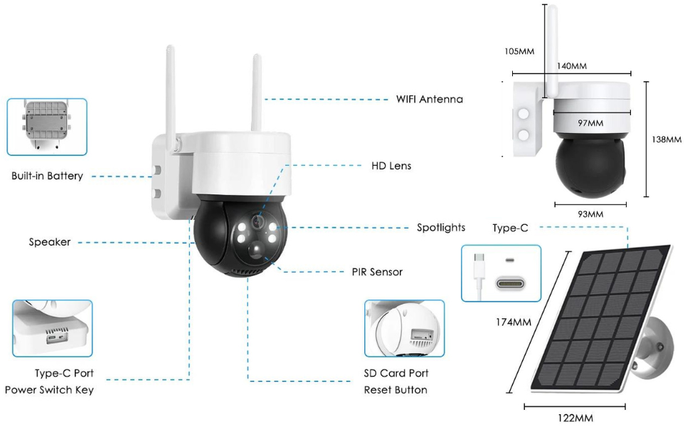 Соларна WIFI камера със соларен панел PTZ 360, 1080P, Full HD, цветно Hощно Bиждане +SD карта 64 gb ВИДЕОНАБЛЮДЕНИЕ Соларна WIFI камера със соларен панел PTZ 360, 1080P, Full HD, цветно Hощно Bиждане +SD карта 64 gb
