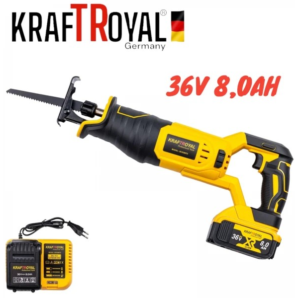 Акумулаторен саблен трион KraftRoyal | 36V 8Ah, 0-3000 об/мин АКУМУЛАТОРНИ ИНСТРУМЕНТИ Акумулаторен саблен трион KraftRoyal 36V 8Ah с две батерии и куфар.