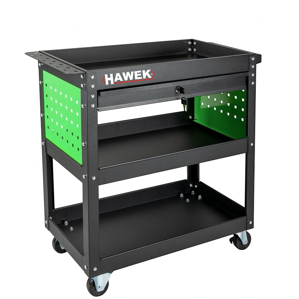 Инструментална Количка HAWEK | 3 Рафта, 1 Чекмедже, 150 кг АВТО Инструментална количка HAWEK с 3 рафта и чекмедже, пълна с инструменти в сервиз.