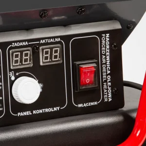 Близък план на LCD дисплея, регулаторите и дръжката на калорифера HAWEK.