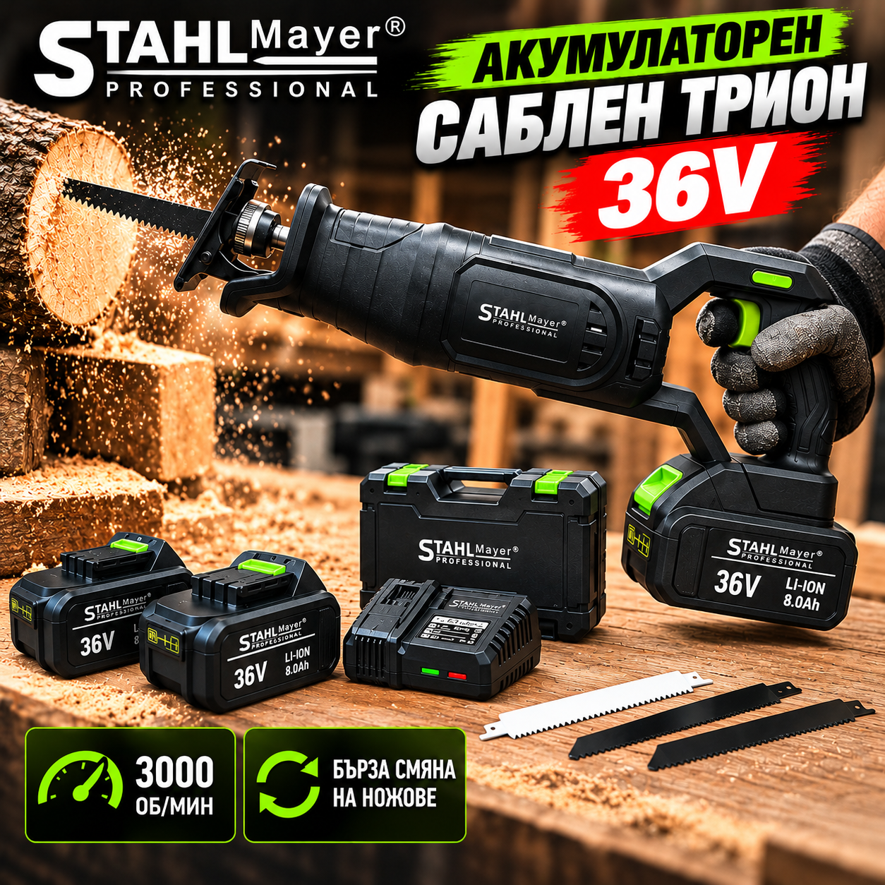 Акумулаторен Саблен Трион STAHLMAYER 36V | 2 Батерии 8Ah АКУМУЛАТОРНИ ИНСТРУМЕНТИ Акумулаторен саблен трион STAHLMAYER 36V с две батерии и куфар.