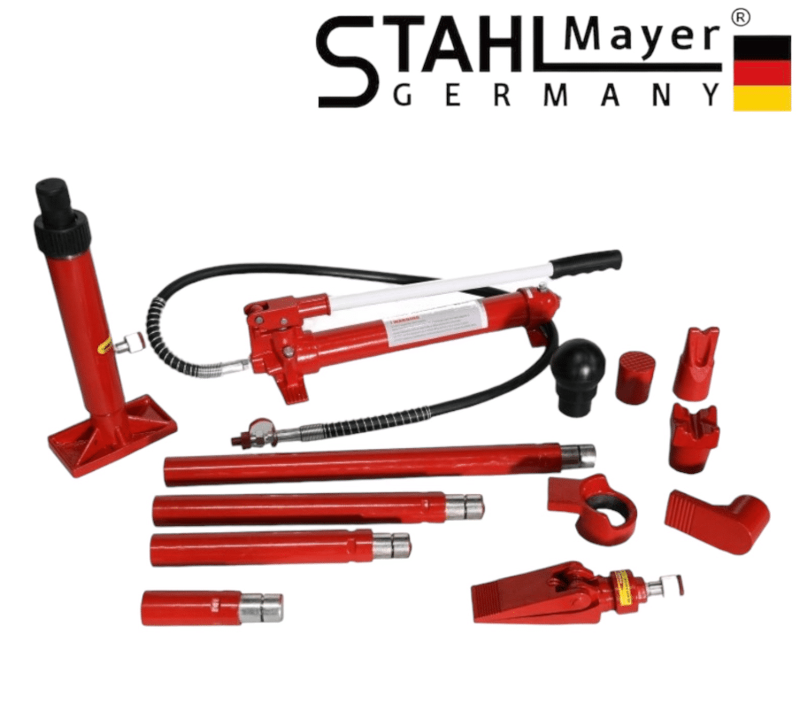 Хидравлична Разпъвачка STAHLMAYER 10 т | 325-460 мм АВТО Детайлен изглед на помпата, цилиндъра и удълженията.