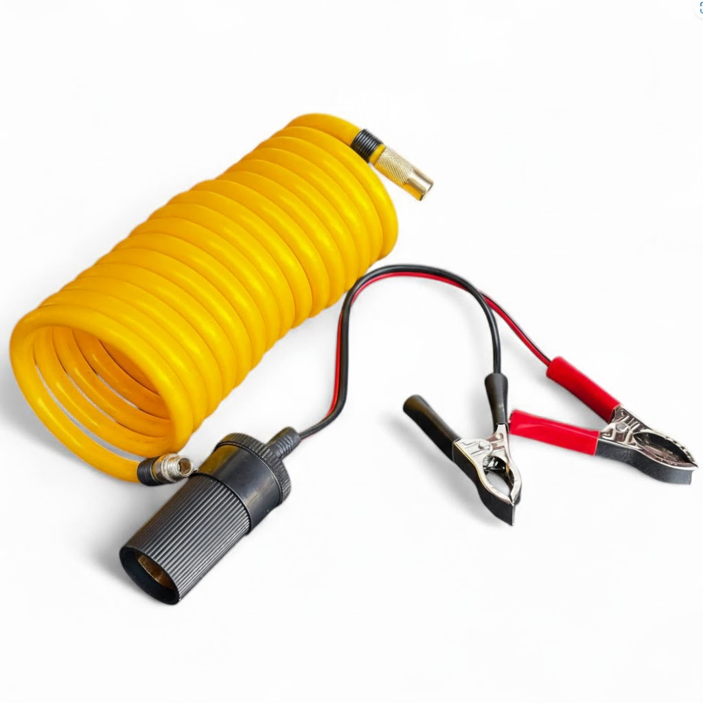 Комплект Крик 2т + Двуцилиндров Компресор | KraftRoyal АВТО Детайлен изглед на компресора с метален корпус и манометър до крика.