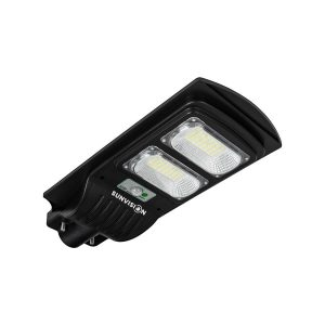 Детайлен изглед на лампата със слънчевия панел и COB LED светлина.