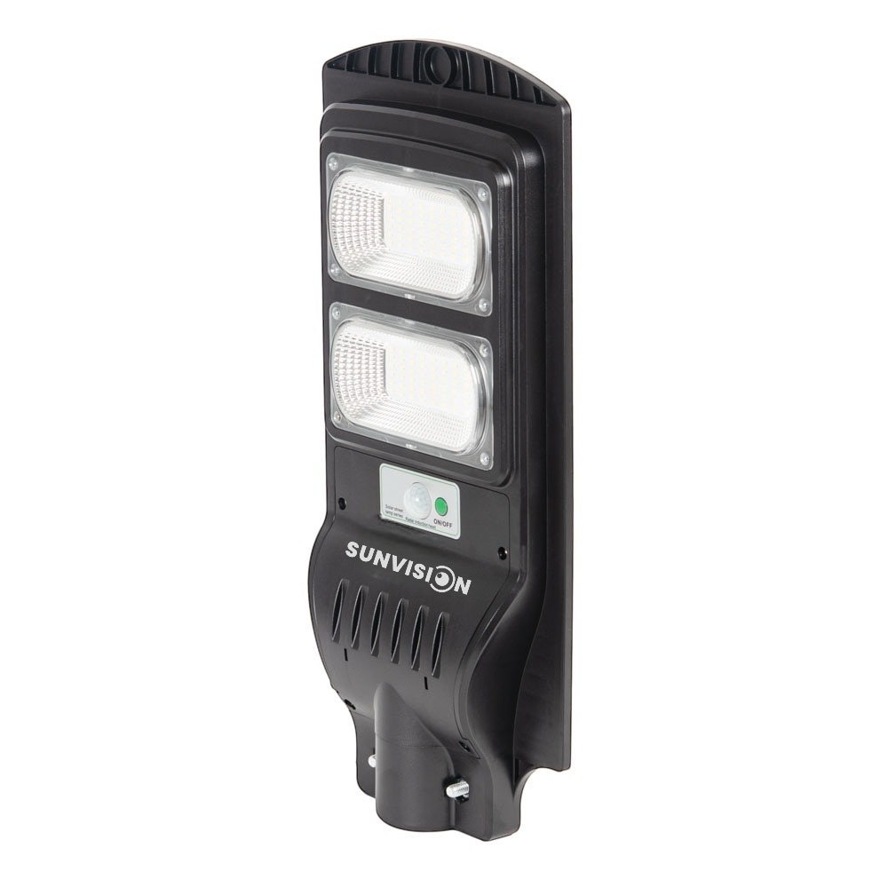 Соларна Улична Лампа SUNVISION 900W | IP65, Сензор ДОМ И ГРАДИНА Детайлен изглед на лампата със слънчевия панел и COB LED светлина.