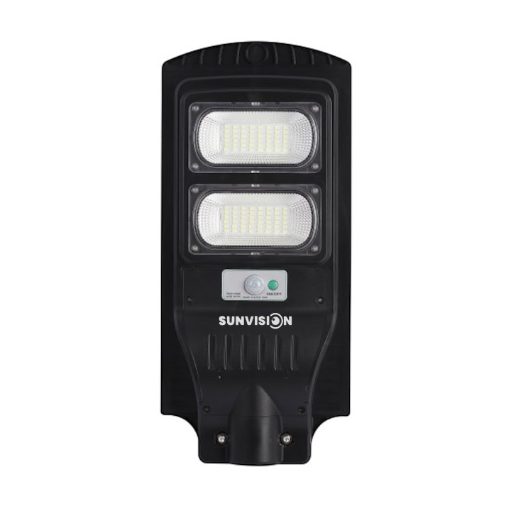 Соларна Улична Лампа SUNVISION 900W | IP65, Сензор ДОМ И ГРАДИНА Детайлен изглед на лампата със слънчевия панел и COB LED светлина.