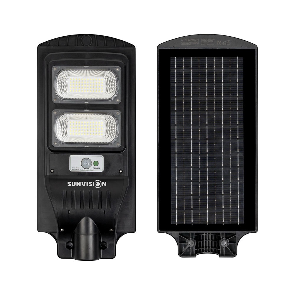 Соларна Улична Лампа SUNVISION 900W | IP65, Сензор ДОМ И ГРАДИНА Детайлен изглед на лампата със слънчевия панел и COB LED светлина.