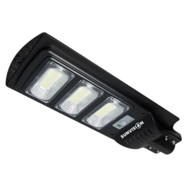 Соларни Лампи SUNVISION 1350W | 2 Броя, IP65, Сензор ДОМ И ГРАДИНА Детайлен изглед на лампата със слънчевия панел и COB LED светлина.