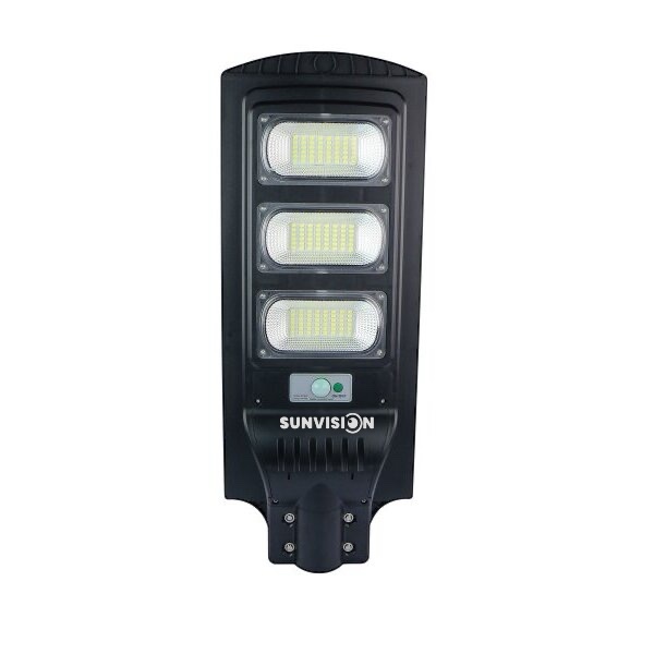 Соларни Лампи SUNVISION 1350W | 2 Броя, IP65, Сензор ДОМ И ГРАДИНА Детайлен изглед на лампата със слънчевия панел и COB LED светлина.