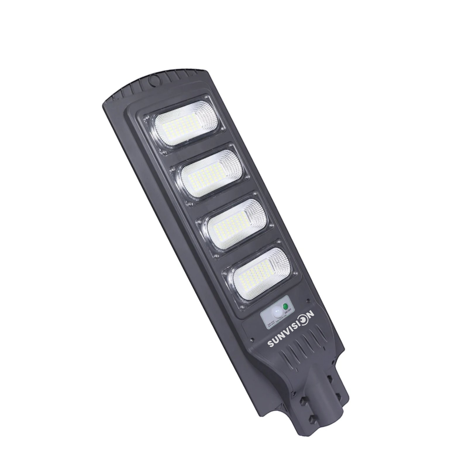 Соларни Лампи SUNVISION 1800W | 3 Броя, IP65, Сензор ДОМ И ГРАДИНА Детайлен изглед на лампата със слънчевия панел и COB LED светлина.
