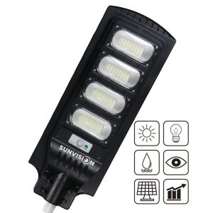 Детайлен изглед на лампата със слънчевия панел и COB LED светлина.