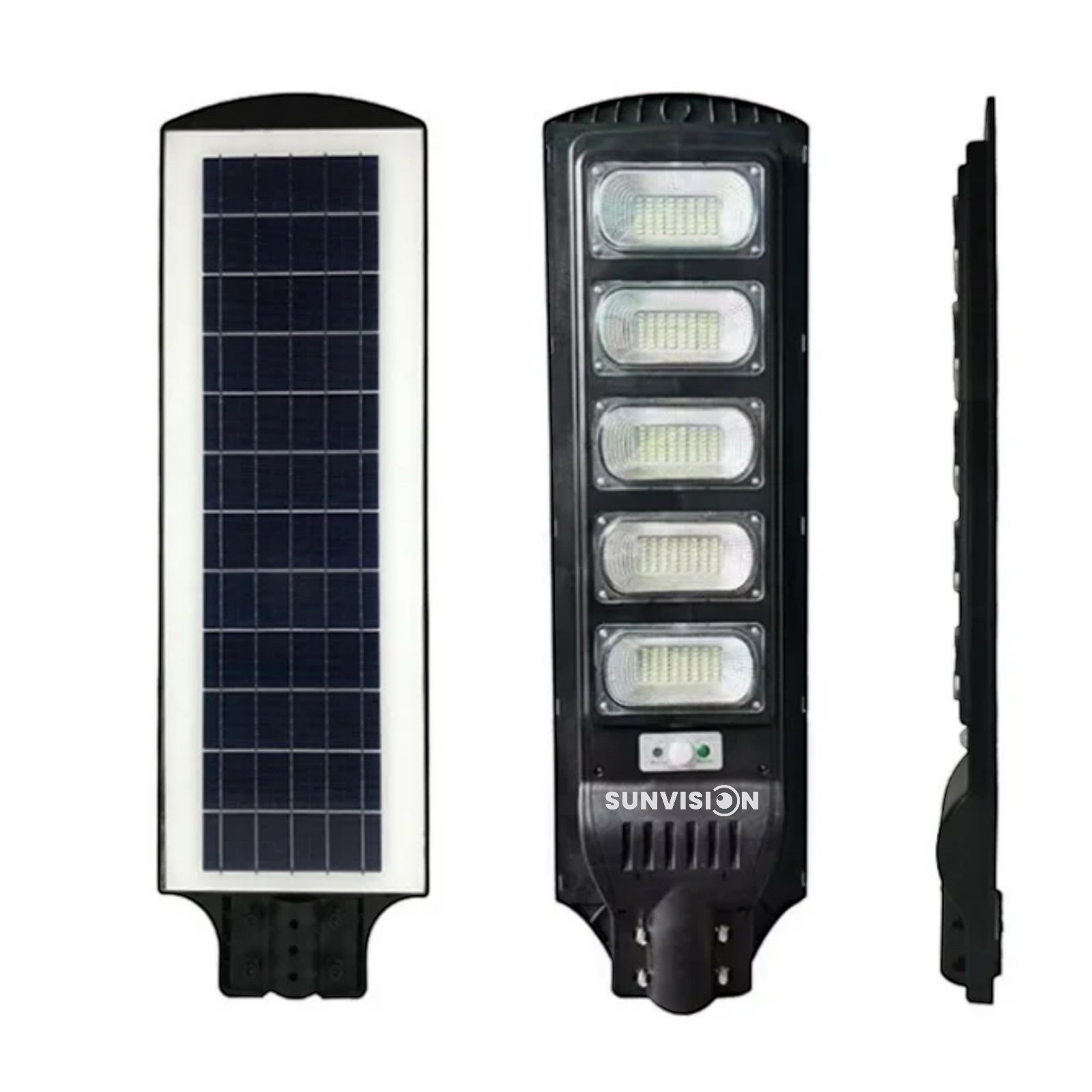 Соларни Улични Лампи SUNVISION 2200W | 3 Броя, IP65 ДОМ И ГРАДИНА Детайлен изглед на лампата със слънчевия панел и COB LED светлина.