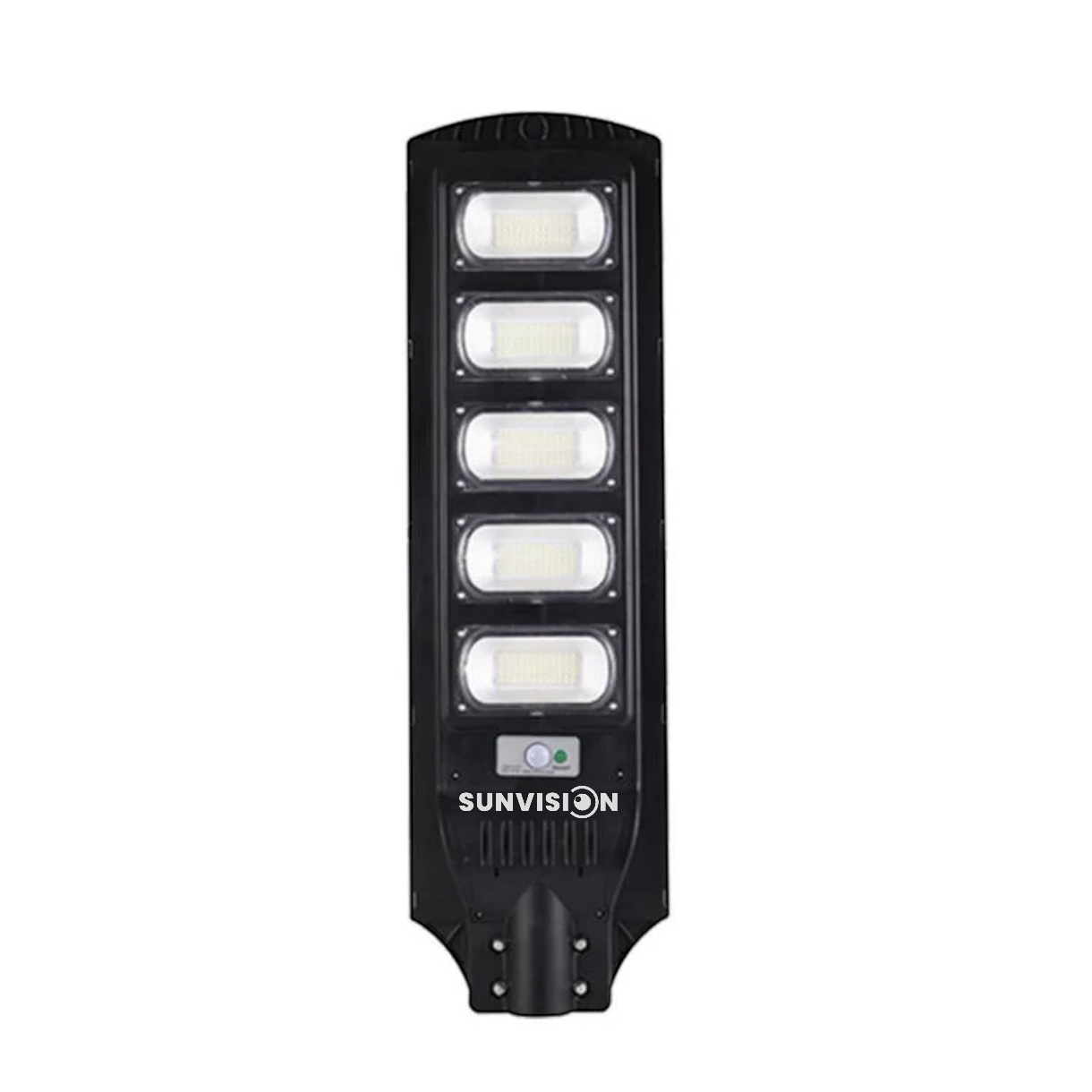 Соларни Улични Лампи SUNVISION 2200W | 3 Броя, IP65 ДОМ И ГРАДИНА Детайлен изглед на лампата със слънчевия панел и COB LED светлина.