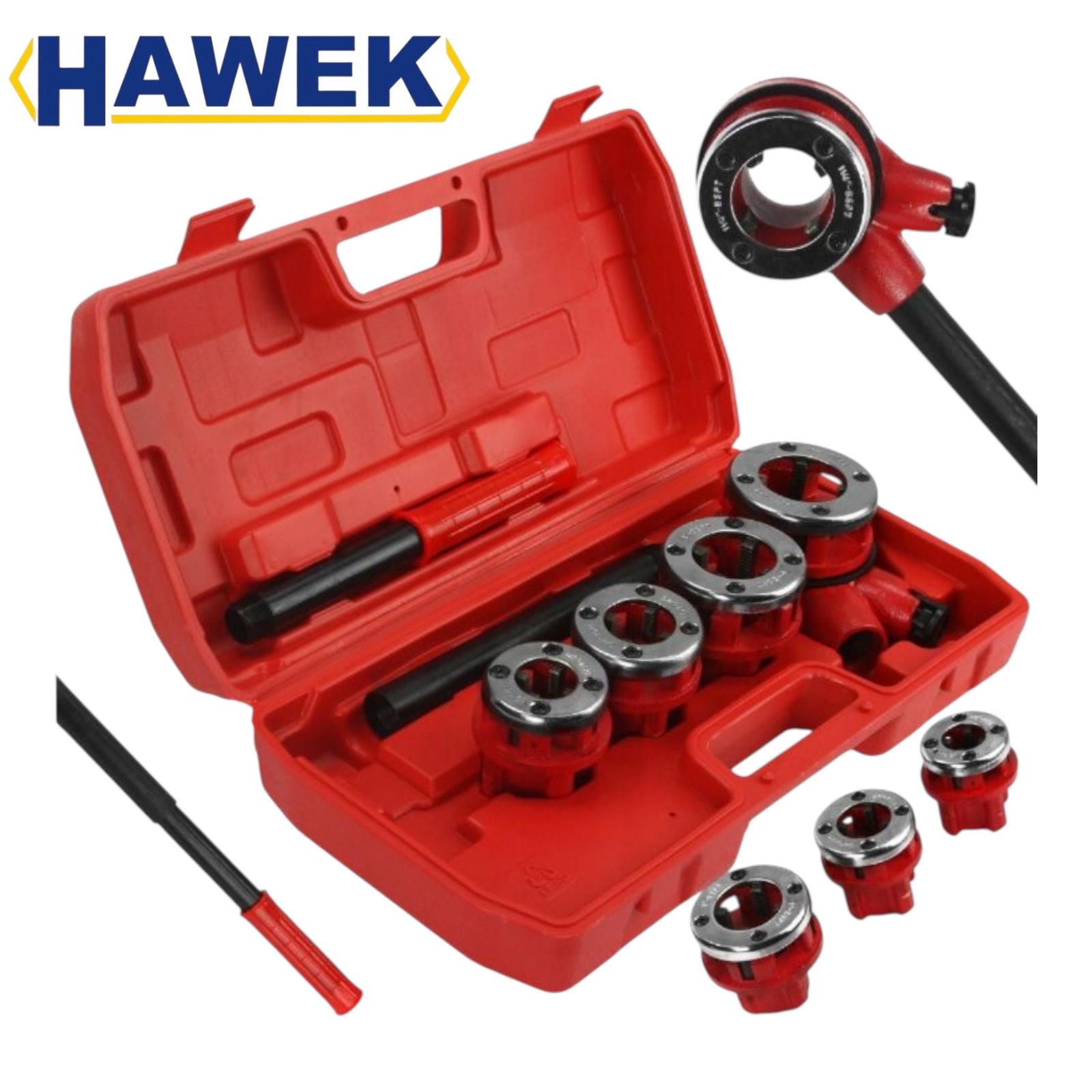 Комплект Винторезка HAWEK 4 Глави | 1/2″ – 1 1/4″, Тресчотка АВТО Комплект винторезка HAWEK с 4 глави, тресчотка и куфар.