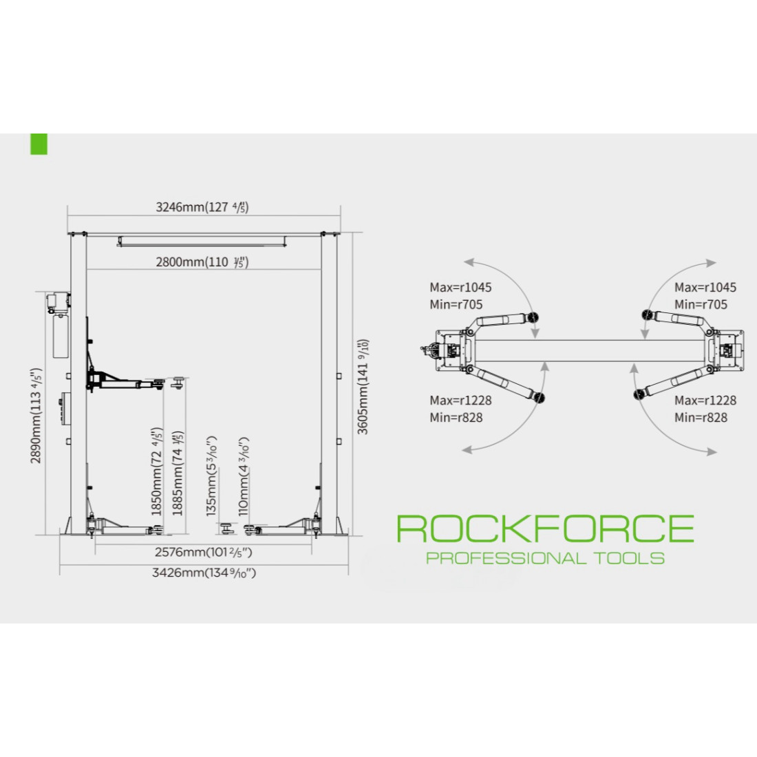 Подемник ROCKFORCE 4т | Горна Синхронизация, 1885 мм АВТО Детайлен изглед на телескопичните рамена и хидравличната система.