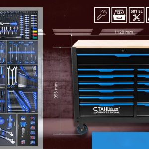 Професионална количка с инструменти STAHLMAYER JUMBO XXL с 12 чекмеджета и дървен плот.