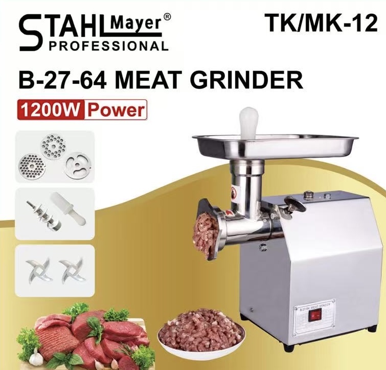 Месомелачка STAHLMAYER TK/MK-12 | 1200W, 150 кг/ч МЕСОМЕЛАЧКИ И ПЪЛНАЧКИ Професионална електрическа месомелачка STAHLMAYER TK/MK-12 от неръждаема стомана.