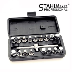 Комплект ключове за пробки на картер STAHLMAYER 18 части в отворен куфар.