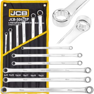 Комплект Дълги Ключове JCB XL | 6 бр., 8-21 мм АВТО Комплект дълги звездогаечни ключове JCB XL (6 броя) в практична стойка.