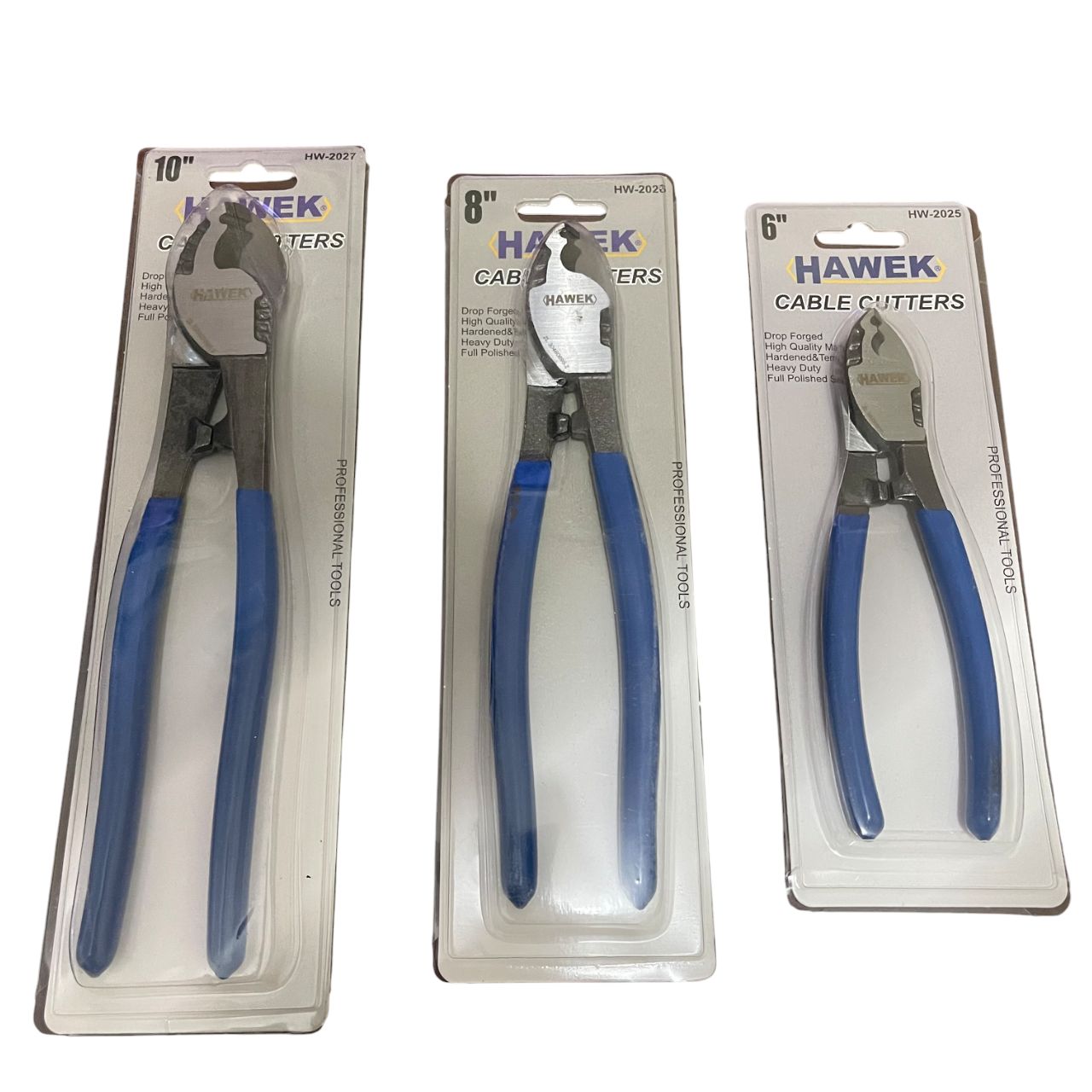 Комплект Клещи за Рязане на Кабел HAWEK | 3 броя, 6″, 8″, 10″ КЛЮЧОВЕ Детайлен изглед на закалените остриета и ергономичните дръжки.